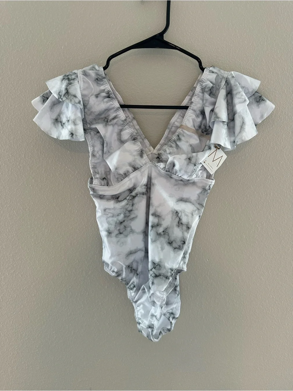 Marble-Print Flutter-Sleeve One-Piece Swimsuit - White & Gray